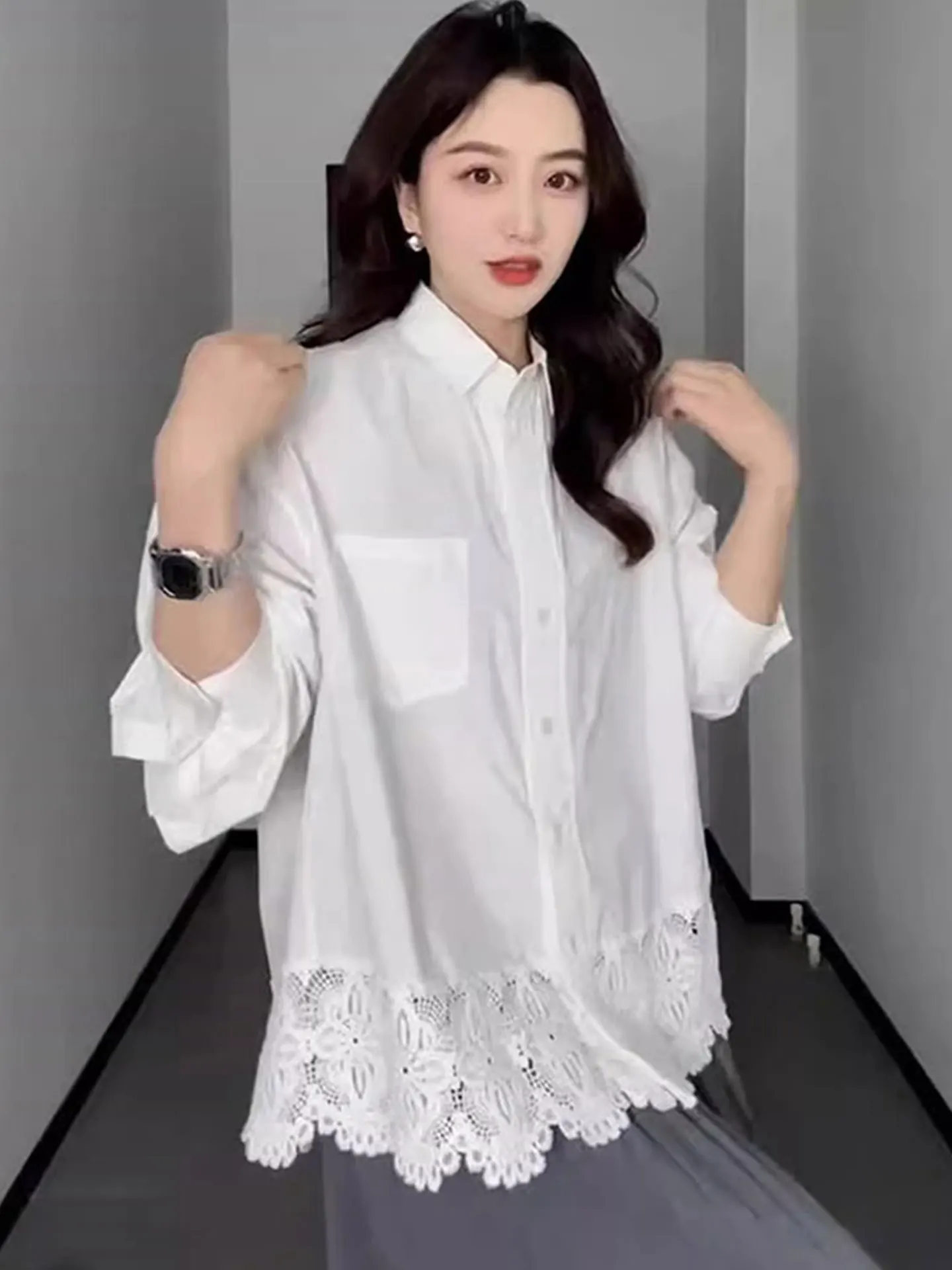 

Женская летняя модная блузка с длинным рукавом и кружевными вставками, на одной пуговице, в корейском стиле, прямого кроя, из шелка, для повседневной носки