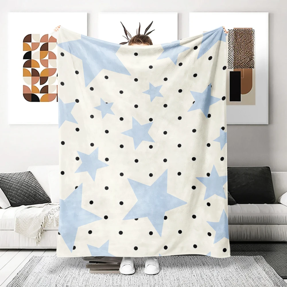 Blue Stars Black Dots Cream Flannel Blanket Soft Cozy Throw Blanket for Bed Sofa Couch Fuzzy Plush Bed Cover