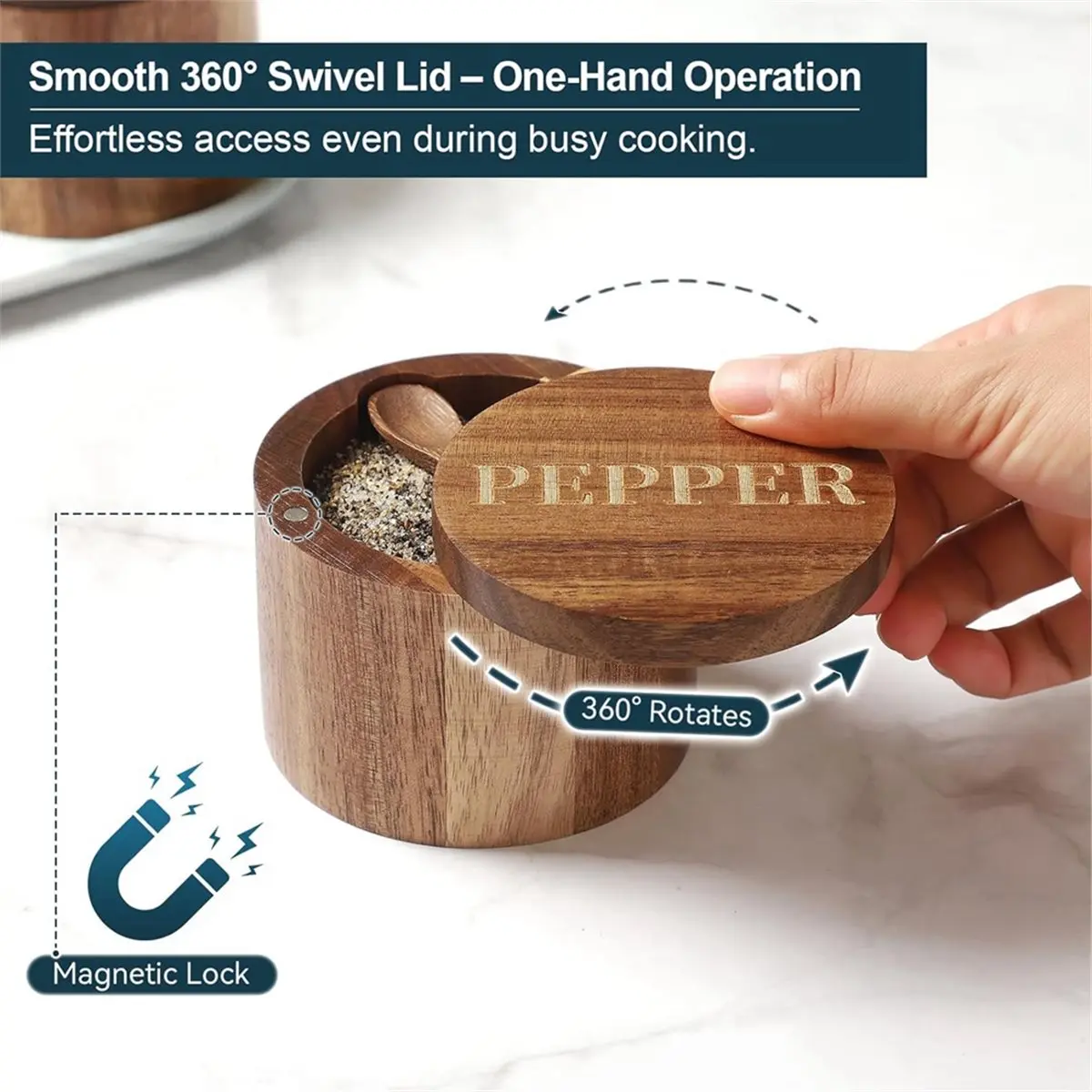 Salt Cellar,Salt and Pepper Set,Wood Salt Container with Built-in Spoon Lid,Salt Holder for Countertop Seasoning Storage