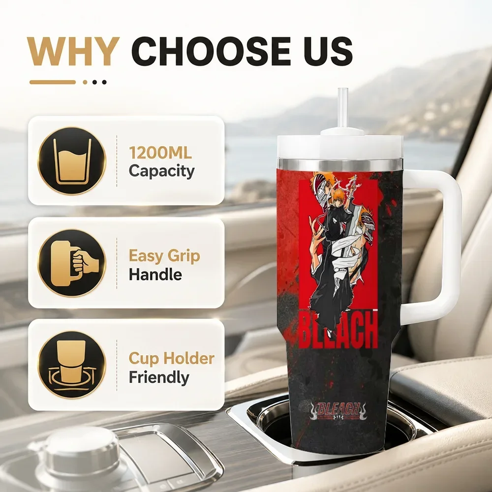 Anime B-Bleach Vacuum Flasks 40oz Leakproof Steel Tumbler w/ Lid Straw Handle Hot Cold Drinks