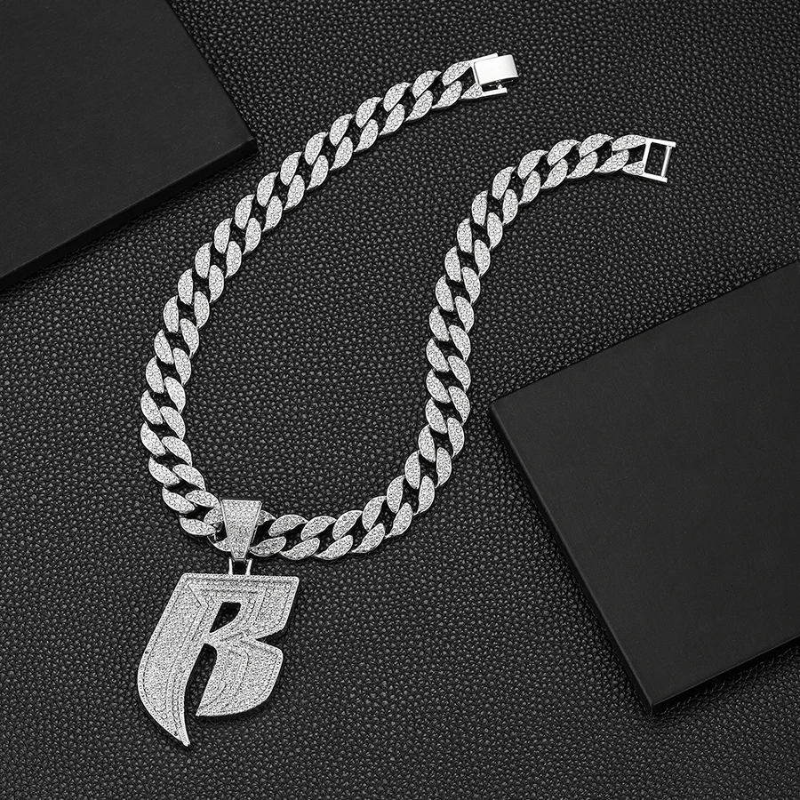 15MM Iced out miami chain with Alloy and bling rhinestone punk B letter pendant necklace