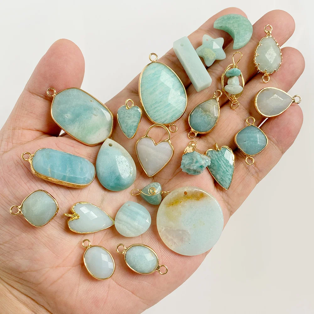 Natural Blue Amazonite Stone Charms Pendant Flat Round Heart Pendants Connector For Jewelry Making Necklace Earrings Accessories