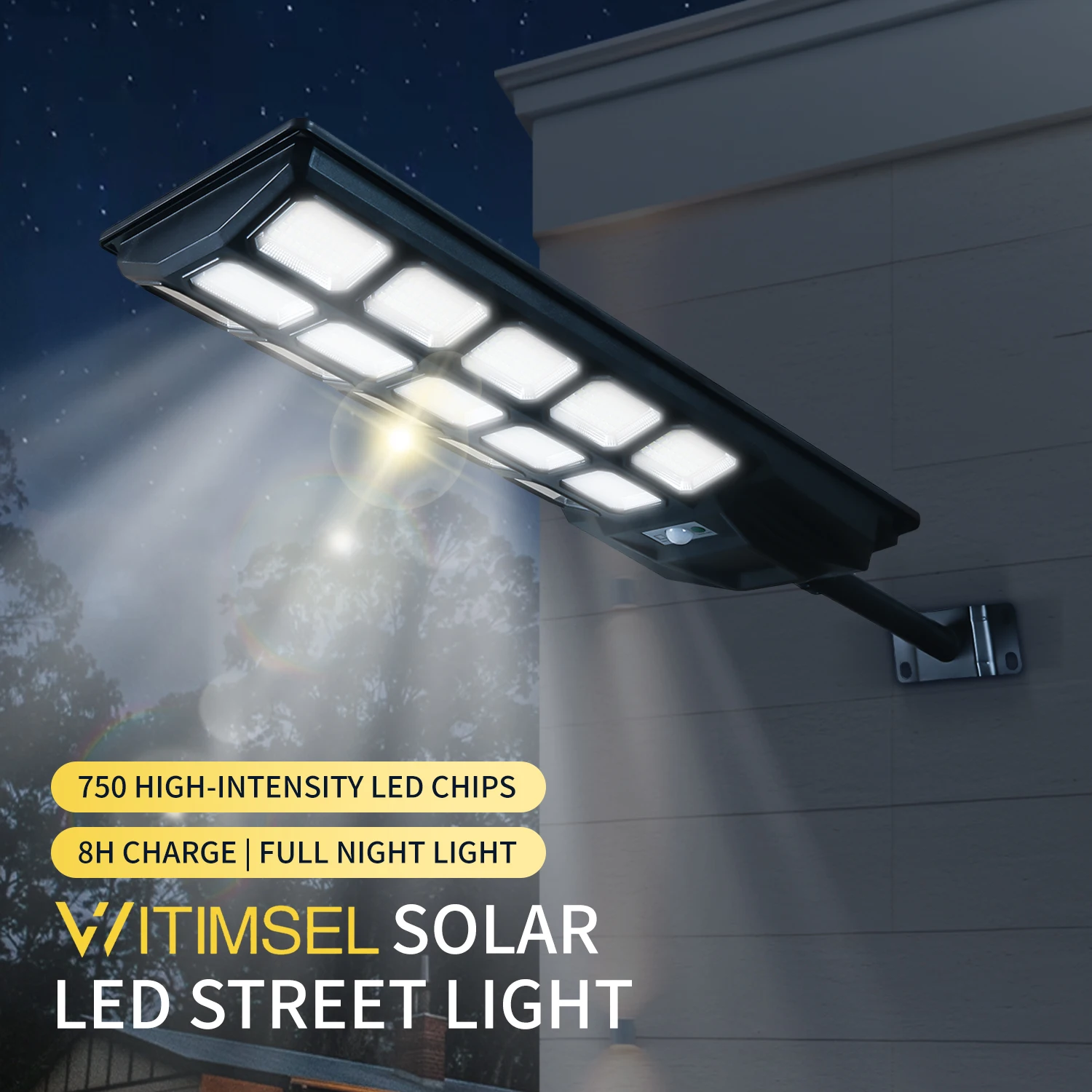 Lampione stradale a LED solare con pannello solare monocristallino 750 ad alta intensità IP66 Sensore di movimento radar intelligente resistente alle intemperie 120 °   Ampio