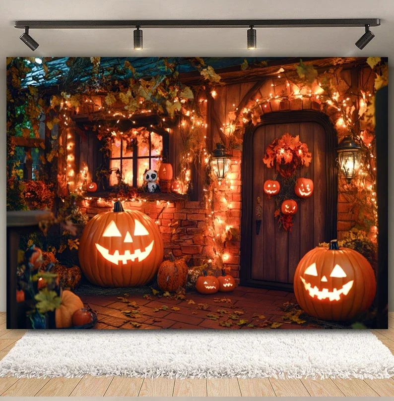 

Horror Halloween Party Backdrop Pumpkin Lights Wooden House Halloween Adults Kids Portrait Photography Background Photo Studio
