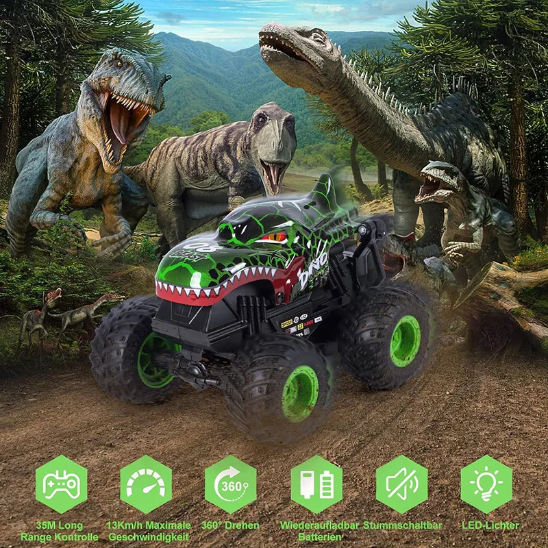 Dinosaur Shark Monster Head Remote Control Car, 360° Rotating 4WD Stunt RC Cars with Music Lights, Rechargeable Toys-Kids Gifts
