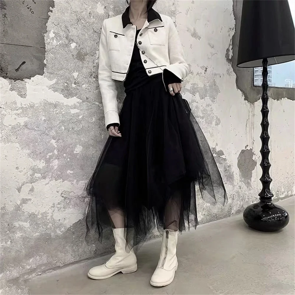 Vintage Punk Gothic Grauer Tüll Langer Unregelmäßiger Plissierter Rock Damen Elastische Hohe Taille A-Linie Mesh Midi-Röcke Streetwear – Detail 4