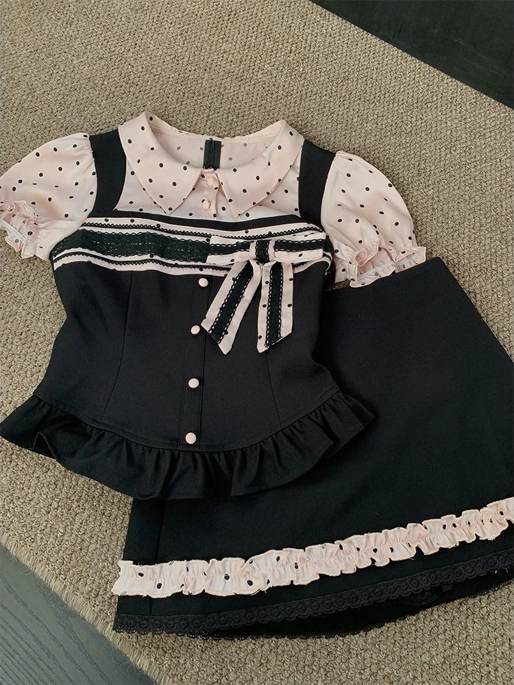 

French Black Pink Color Contrast Two Piece Set Sweet Polka Dot Top + High Waist Skirt Suit Women Summer New Elegant Set Y2k 2025
