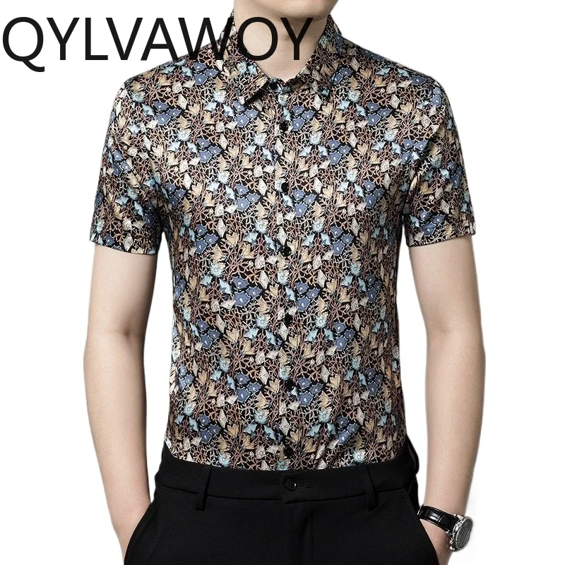 

Мужские рубашки QYLVAWOY из 92,4% шелка тутового шелкопряда с цветочным принтом, новинка 2025 года, летние топы с коротким рукавом, элитная мужская деловая одежда