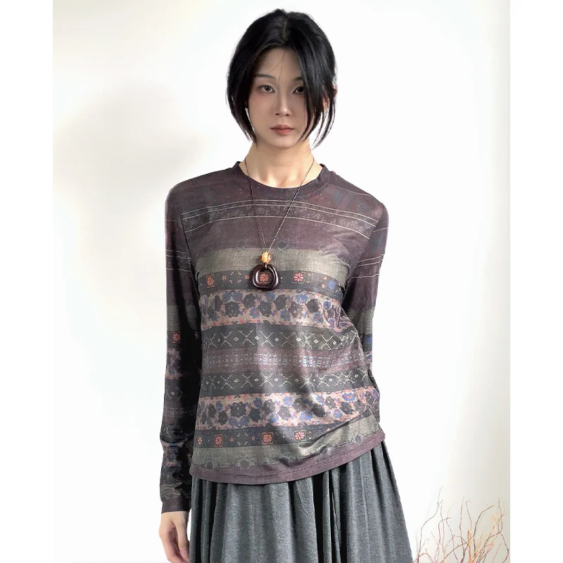 MadBlack-Women European T-Shirt, Sexy O Neck Geometry Print, Clubwear Long Sleeve Slim M-2XL Elastic Tee, 2025 Winter T5N604CC