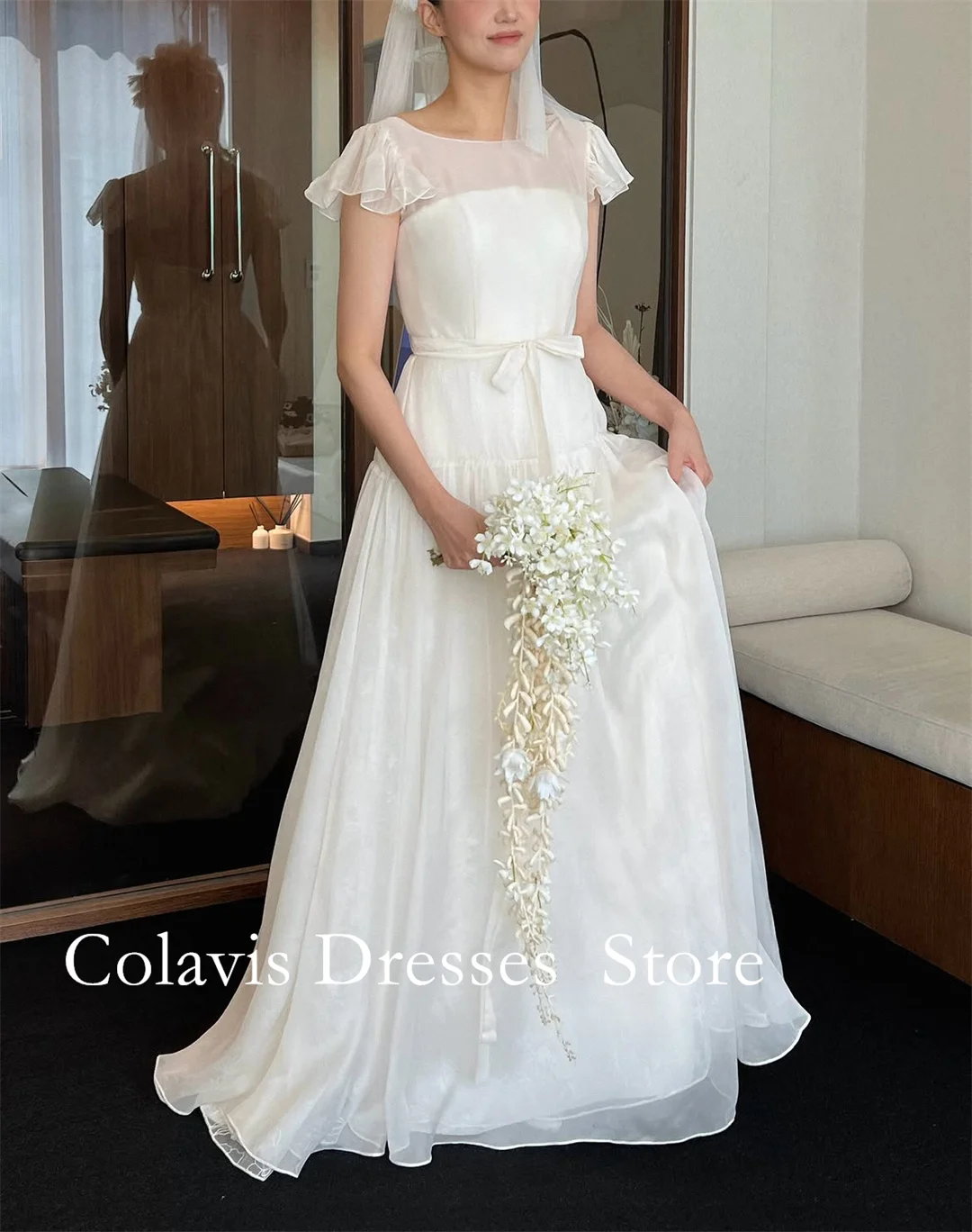 SONDR Customized Illusion Round Neck Flutter Short Sleeve Wedding Dress Chiffon A‑Line Bridal Gown With Sash Bow At Waist