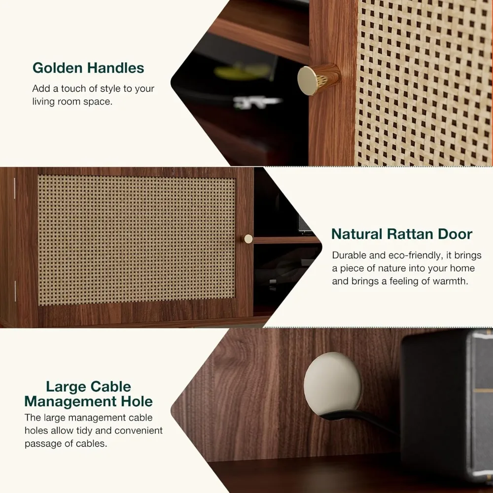 حامل تلفزيون كبير 65، مركز ترفيه بباب الروطان مع أرفف وخزائن تخزين، وحدة تحكم أنيقة لوسائط بوهو لغرفة المعيشة