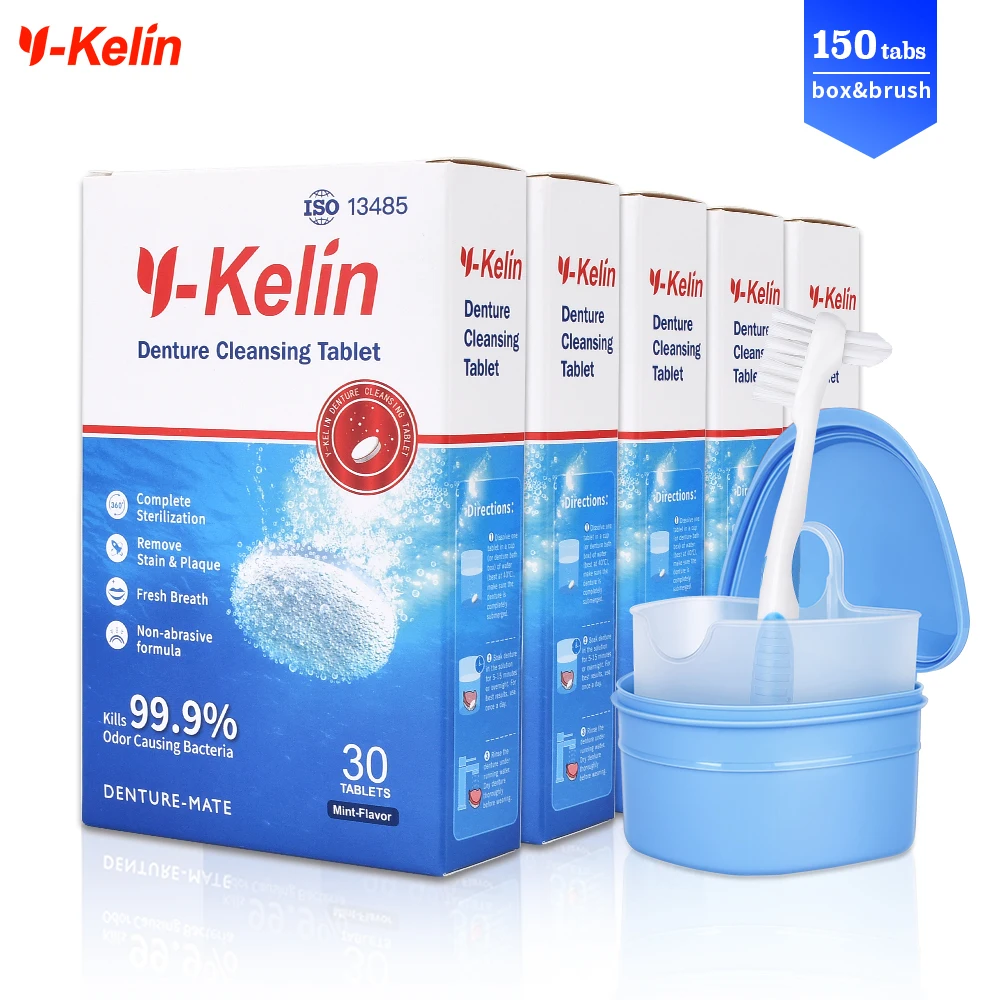 Y-Kelin Tabletki do czyszczenia protez 150 tabletek + pudełko na protezy + szczoteczka do protez Fałszywe moczenie i czyszczenie protez