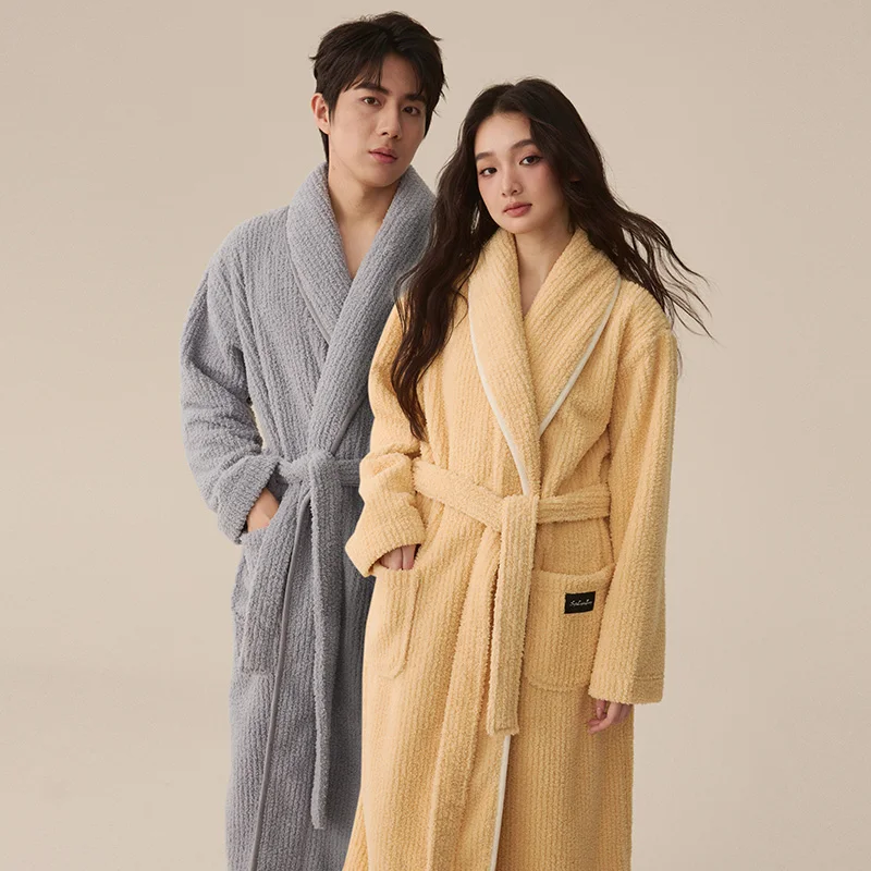 ثوب نوم طويل من الصوف المرجاني للزوجين للخريف والشتاء، لون سادة بسيط، شعور راقي، مناسب للارتداء المنزلي في الخارج في واي #1