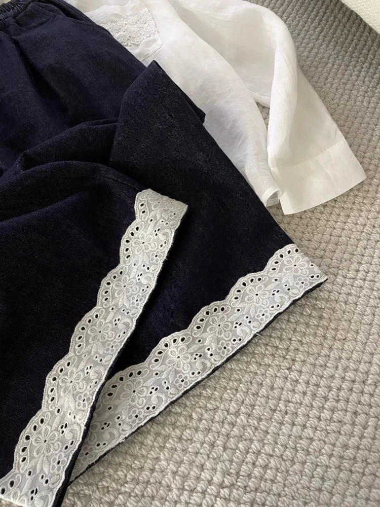 

Женские прямые джинсы с эластичной резинкой на талии и кружевной отделкой, тонкие свободные узкие широкие брюки, джинсы с высокой талией, девять очков