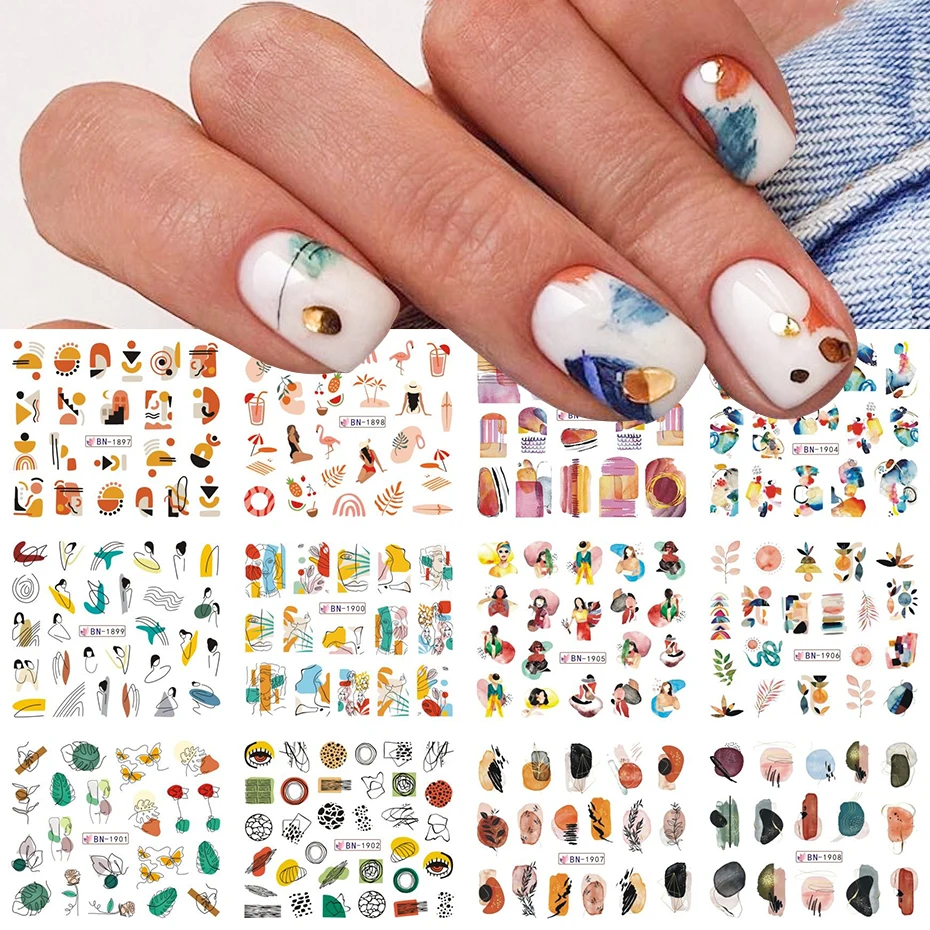 12pc Abstract Summer Waterdecal Nail Slider Sexy Lady Face Lines Leaves Stickers For Nails Art Manicure Decoration BEBN1897-1908