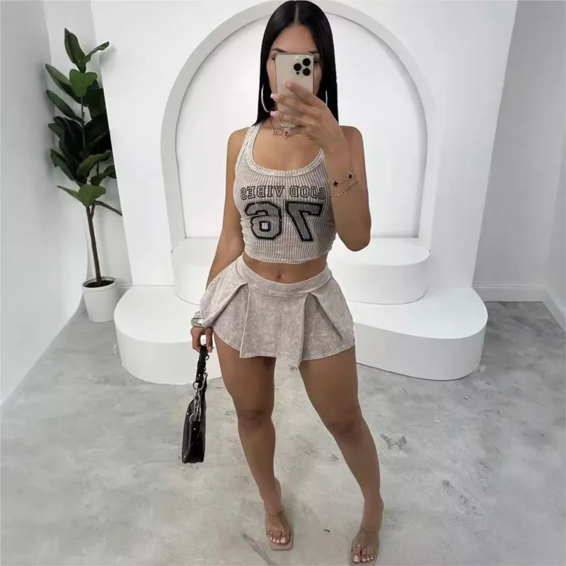 

Weird Puss Digit Print Tracksuit Women 2 Piece Set Tie-Dye Print Tank Tops+Pleated Skirts Casual Simple Stretch Streetwear Suit