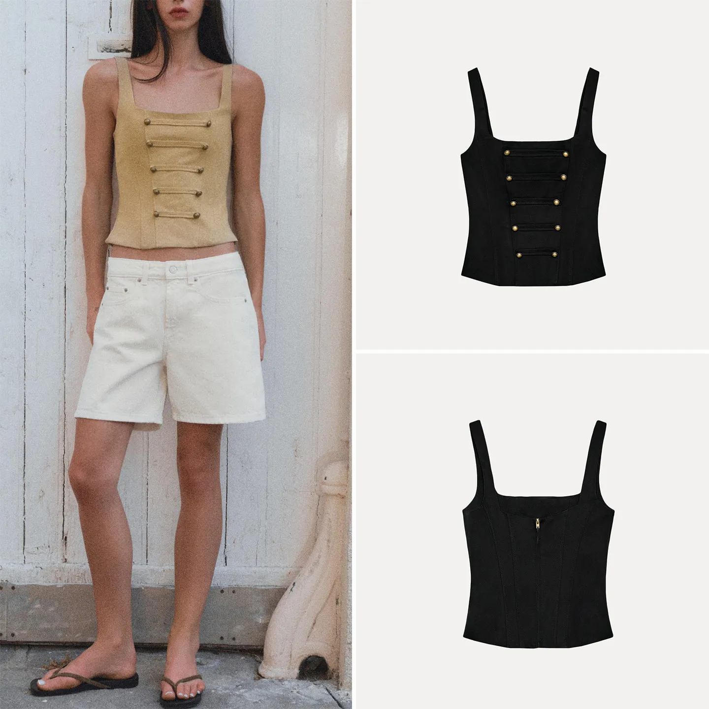 Fashionable Button Decorated Slim Fit Square Collar Women's Top ZADATA 2026 Summer Collection Outerwear Regular Length