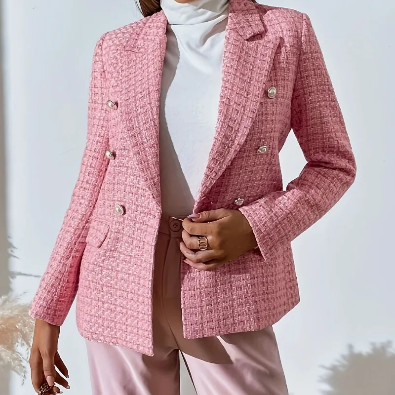 새로운 더블 브레스티드 텍스처드 수트 버클 미디엄 롱 코트 여성 의류 스몰 프래그런트 탑 슬림핏 숏 브라이트 실크