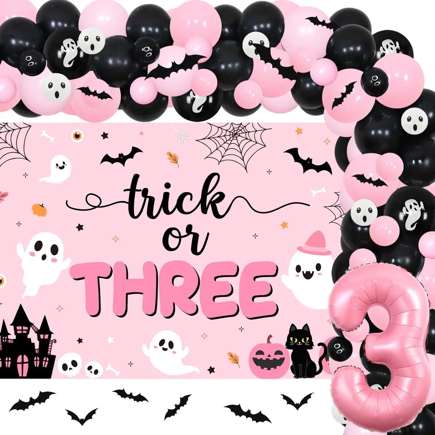 

Funmemoir 84Pcs Trick or Three Theme Halloween Birthday Party Pink Black Balloon for Girls 3rd Birthday Party Decor Favors