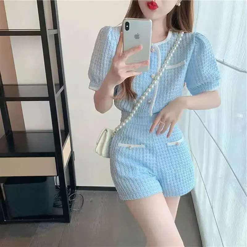 Short Sets Blue High Waist 2024 Summer Women\'S Korean Fashion Top And Shorts Outfits Suit With Shorts For Women New In Matching