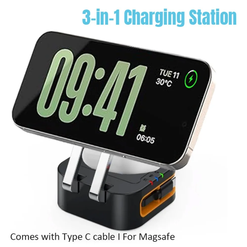 

Магнитное беспроводное зарядное устройство 3 в 1 с кабелем Type-C для iPhone 17 16 15 14 13 12 iWatch 11-2 Airpods 4 Pro Станция быстрой зарядки