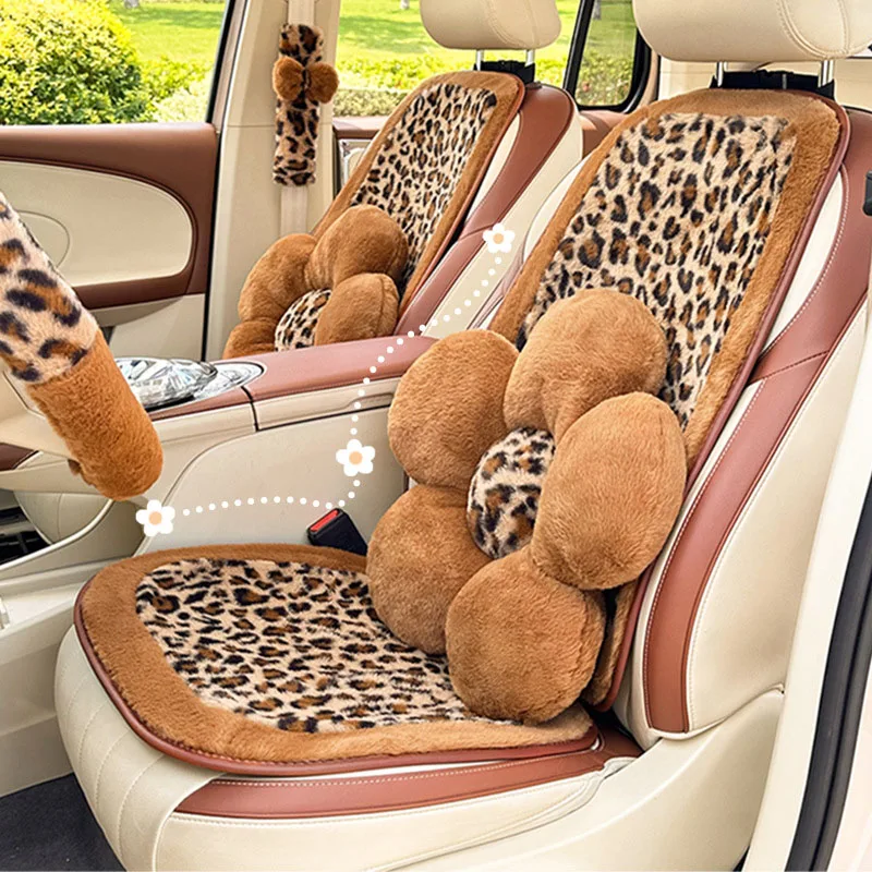 

Plush Leopard Print Car Seat Covers Universal Car Seat Cushion Car Pillow For Women Auto Interior Supplies Accessorie