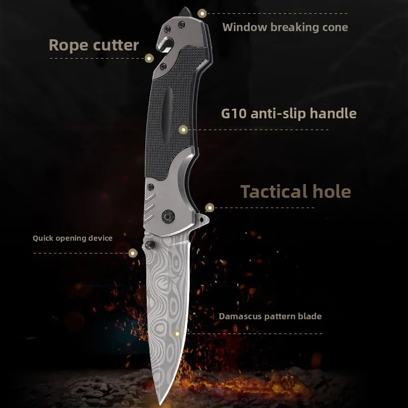 Outdoor Damascus pattern survival knife camping folding knife stainless steel Blade G10 Handle pocket knife with back clip