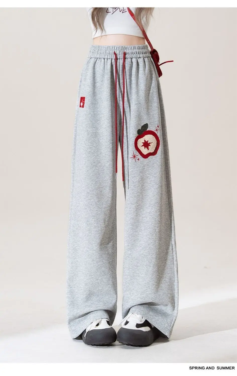 

Зимние брюки с вышивкой, женские повседневные корейские брюки на шнурке, новые тонкие прямые брюки с высокой талией, широкие мешковатые спортивные штаны