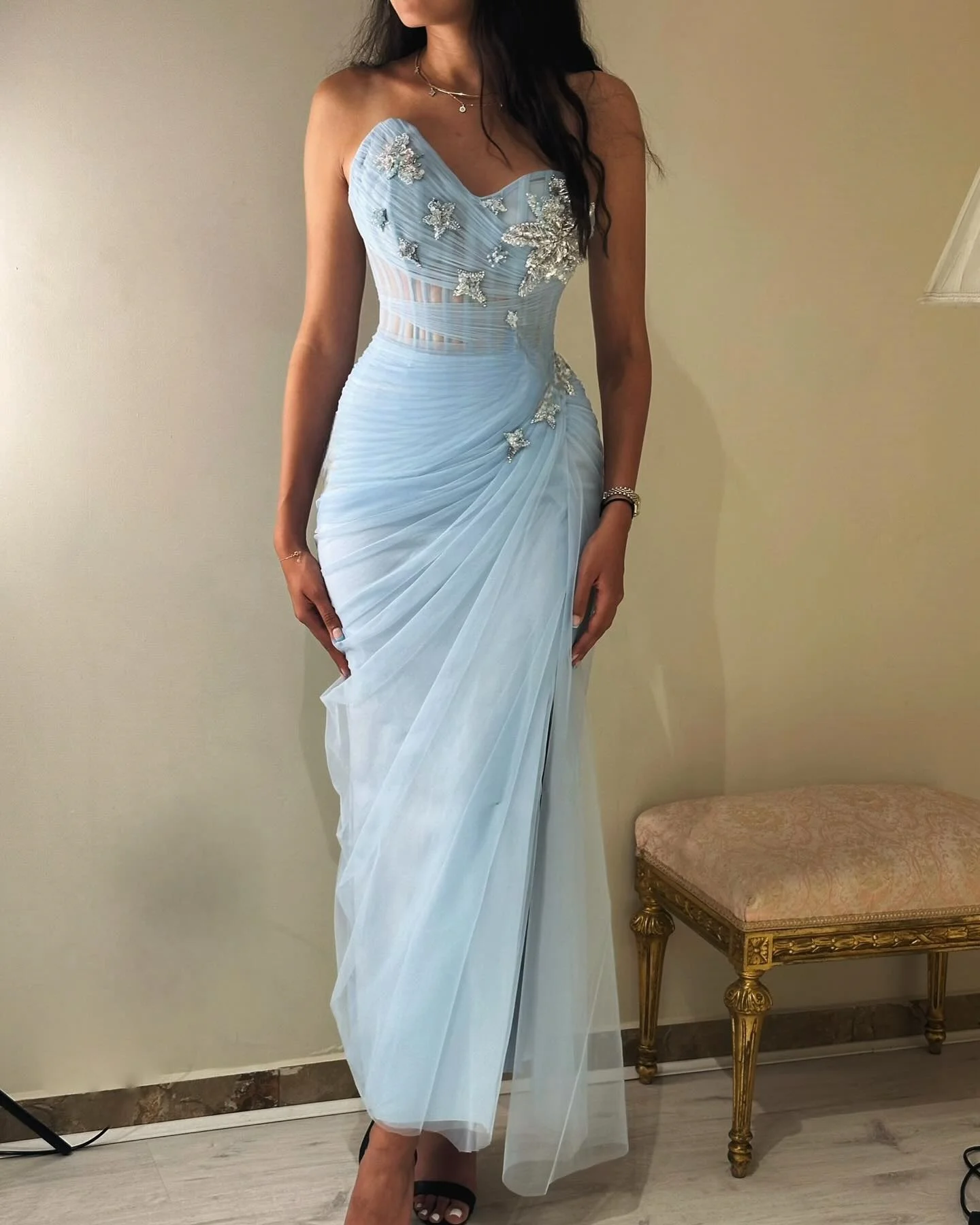 Customized Blue Tulle Crystal Prom Dresses Ankle Length for Arabic Women 2025 Sweetheart Beading Pleated Side Slit Evening Gowns