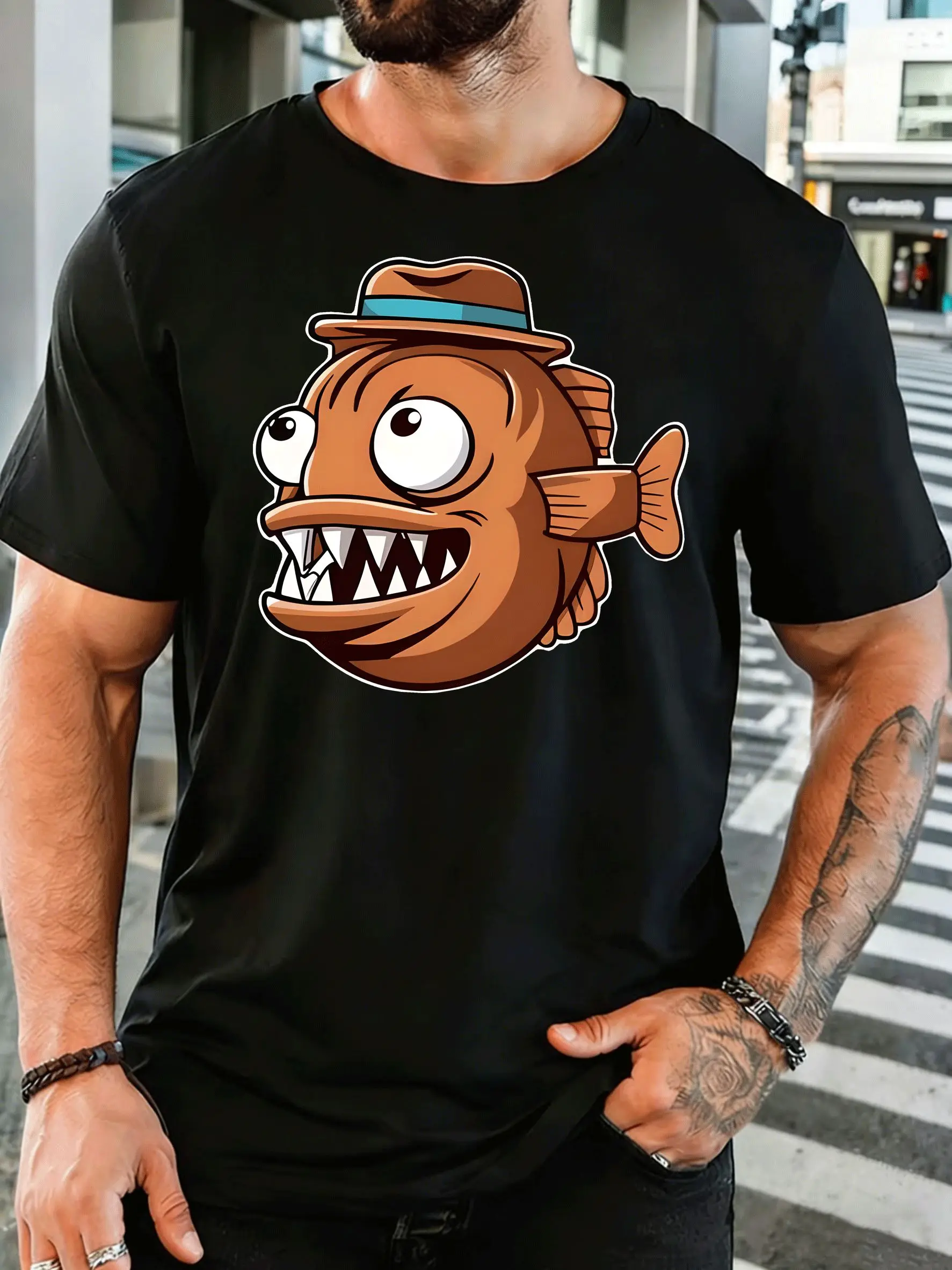 Cartoon Fierce Fish Fedora Hat Mens Front Print T Shirt Funny Sea Creature Graphic Tee Casual Short Sleeve Top Fishing Fan Gift