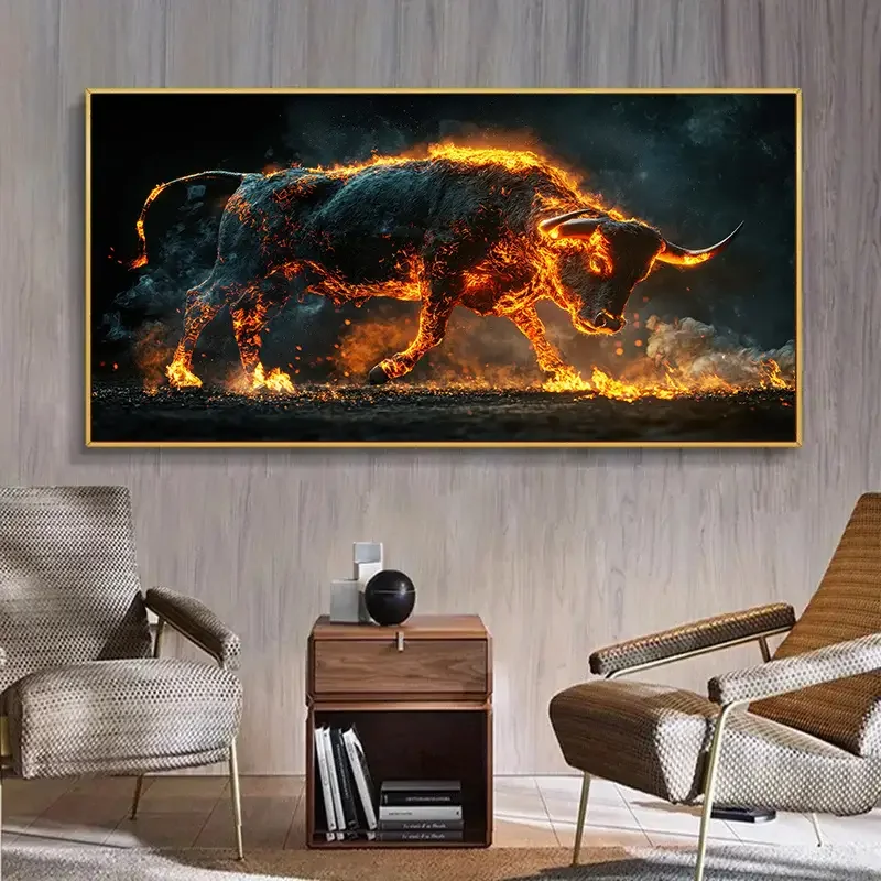 Vivid Flaming Abstract Bull Canvas Wall Mural, Frameless Modern Decor with Dynamic Orange and Dark Background for Living Room