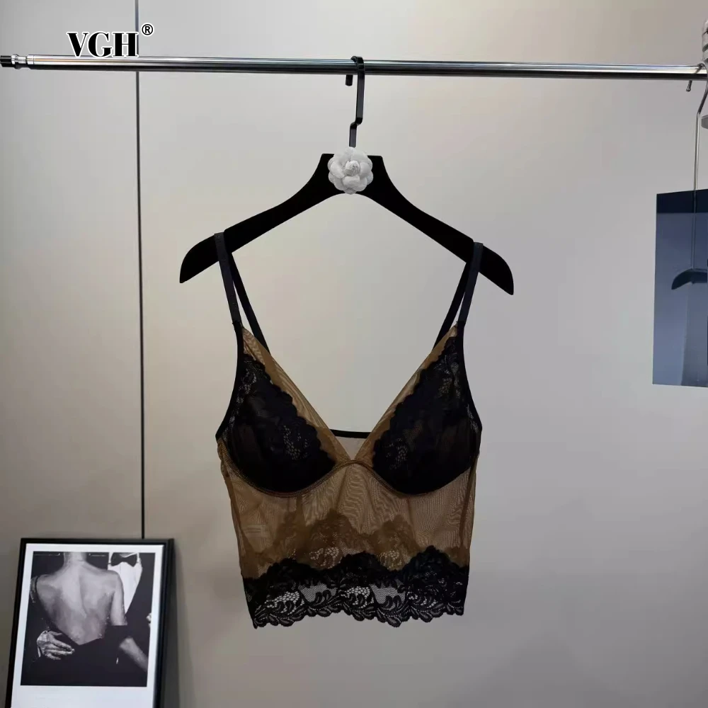 

VGH Sexy Club Solid Color Camisole for Women Deep Neck Sleeveless Patchwork Lace Embroidery Backless Temperament Tank Top Female