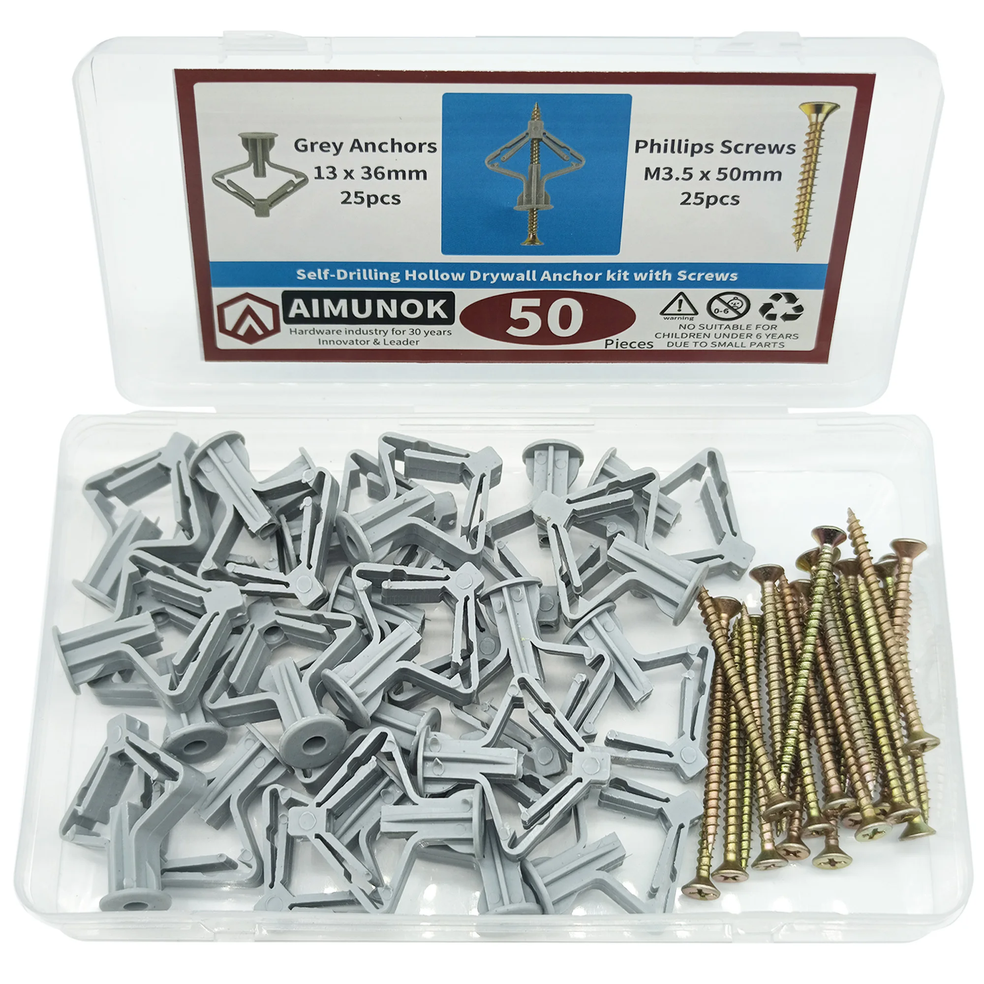 50pcs Drywall Anchor kit with Screws, Hollow-Wall Anchors, Self-Drilling Hollow Wall Anchor, Butterfly type.