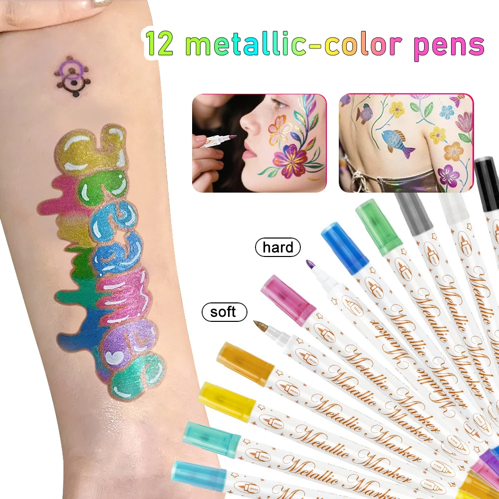 Temporary Tattoo Markers 12 Metallic Marker and 93 Tattoo Stencil Designs Cosmetic Tattoos Pens for Halloween Carnival Christmas