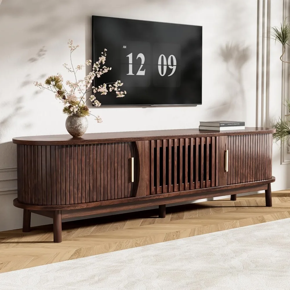 

Mid Century Modern TV Stand for TVs up to 75”, Fluted Entertainment Center, Media Console with Tambour Sliding Doors and Grill F
