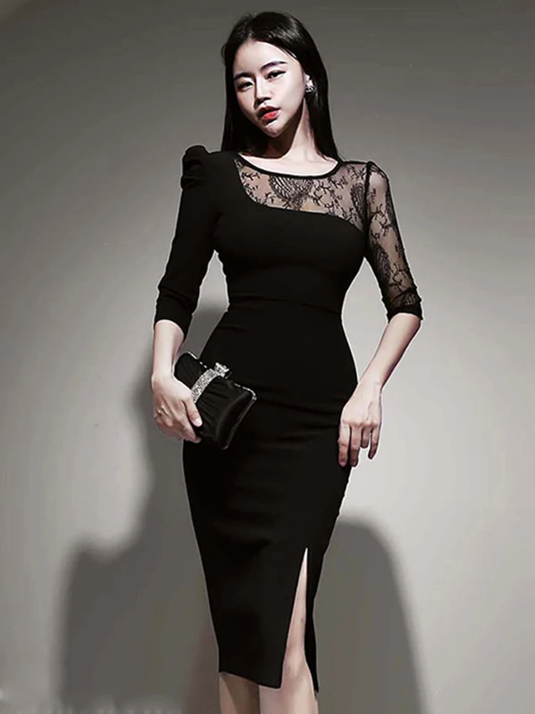 

Fashion Vintage Sexy Dress Women Elegant Black Lace Perspective Split Midi Robe Female Skinny Bodycon Vestido Mujer Party Gown