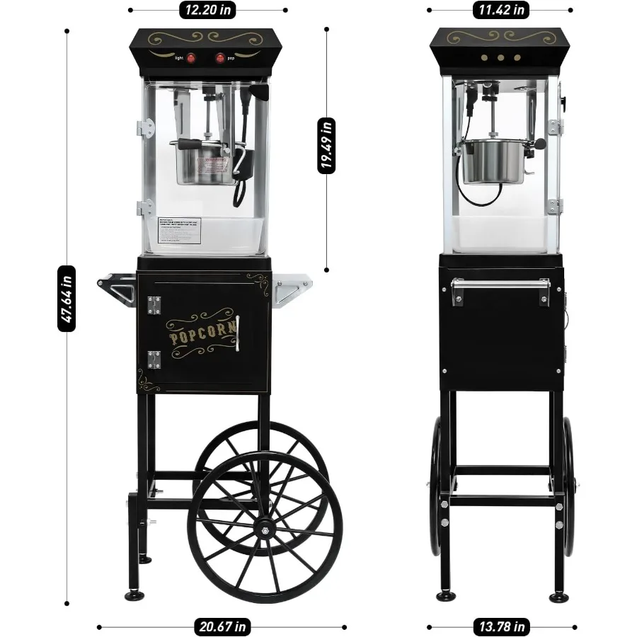 ماكينة صنع الفشار العتيقة مع عربة تتميز بغلاية من الفولاذ المقاوم للصدأ سعة 8 أونصة وإضاءة تدفئة قادرة على إنتاج ما يصل إلى 32 كوبًا من F