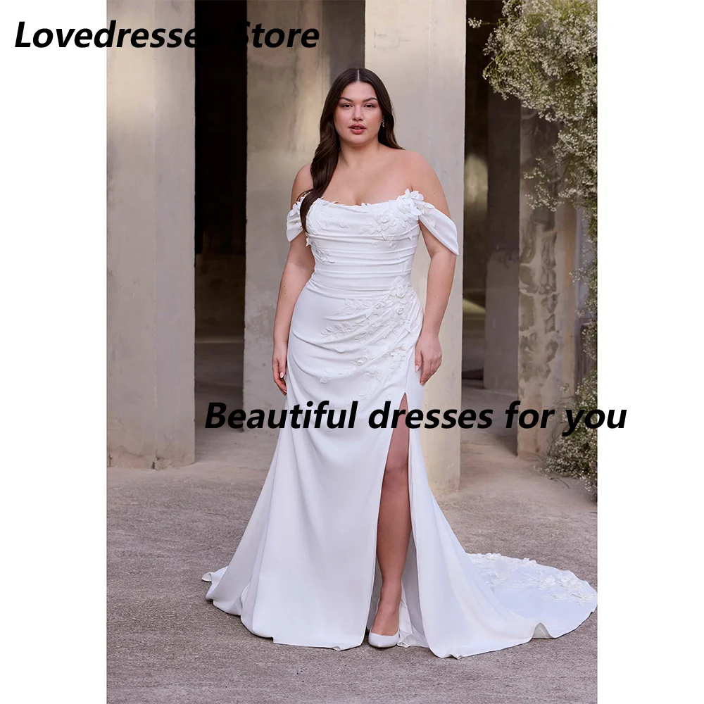

Sexy Off Shoulder Wedding Dress Customized Boat Neck Applique Thigh Slit Sweep Train Vestido De Noiva Bridal Gown 2025