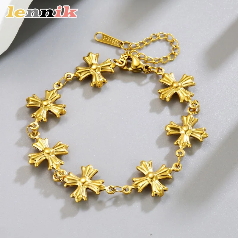 LENNIK النمط البيزنطي الروماني الرجعية الذهب منحوتة الصليب المرأة سوار قلادة ، عالية الجودة المتخصصة شخصية سلسلة مجوهرات