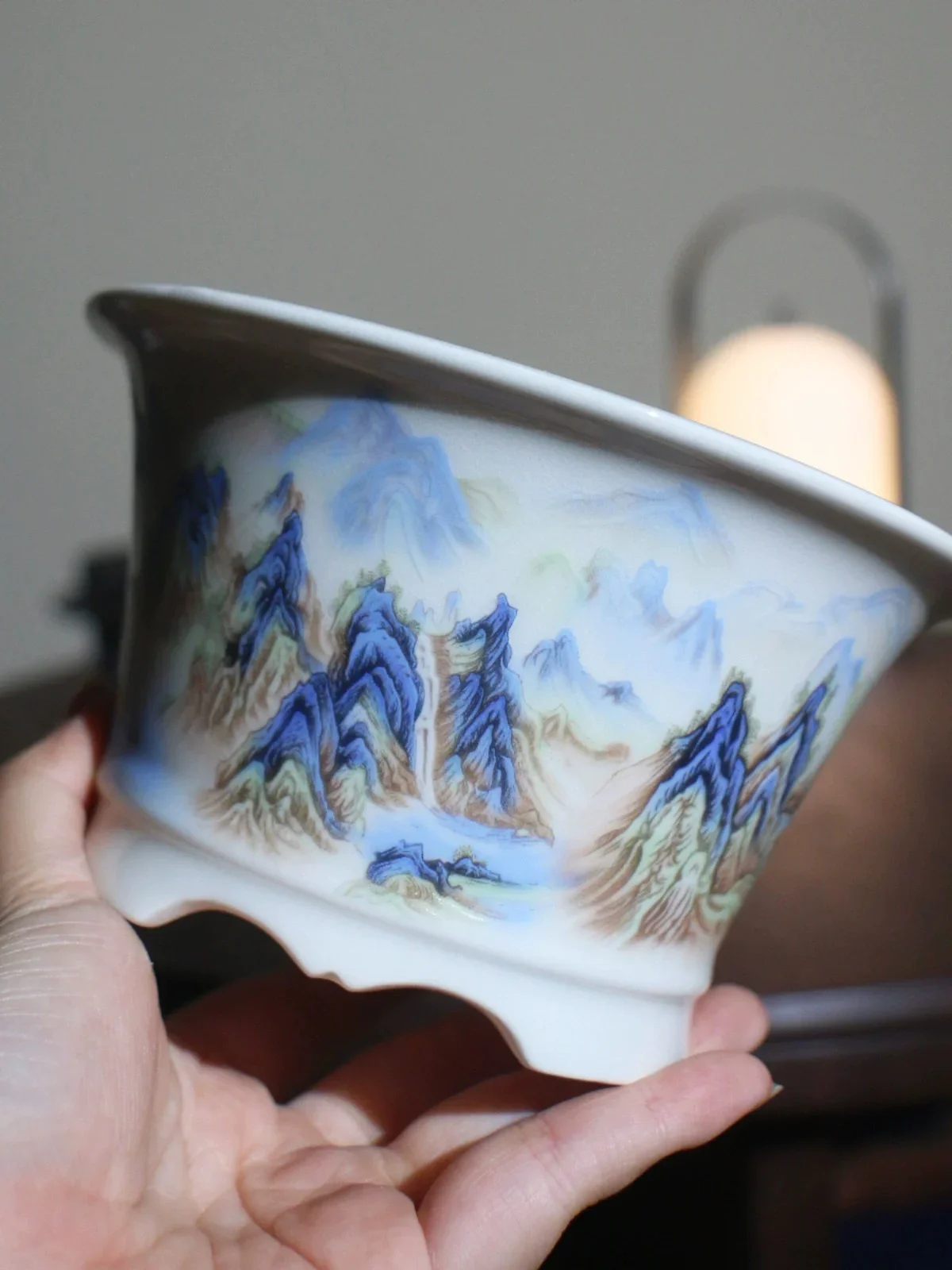 Porcelain Circle Bonsai Pot, Porcelain Painting, Chinese Pattern,Dormitory Table,Cubicles Desk,Room Garden Decoration