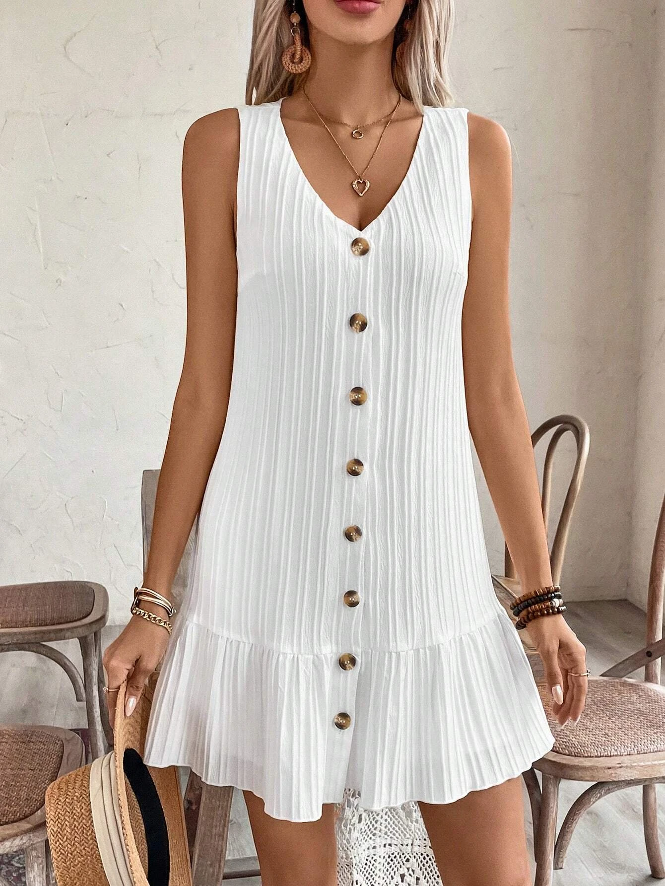 1-teiliges elegantes Sommerkleid mit V-Ausschnitt, A-Linien-Design, bequem und atmungsaktiv, mit Lotusblattrand, großartig und elegant. – Detail 7