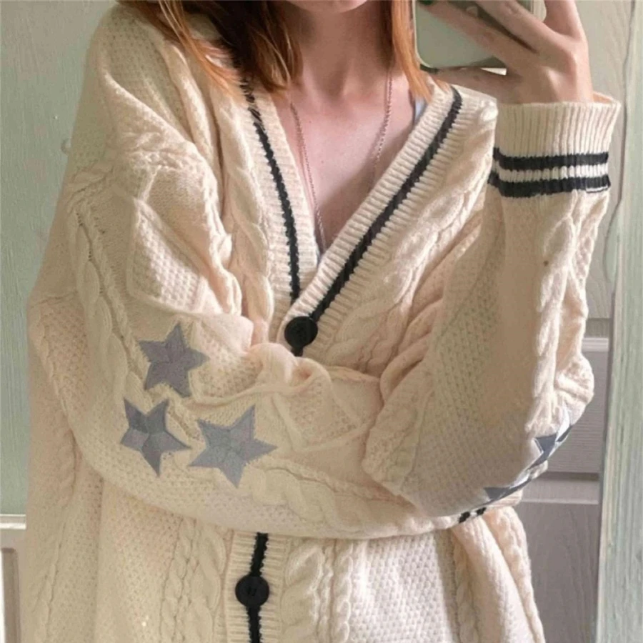 Autumn and Winter Solid Color Long Sleeved Cardigan Star Embroidery Soft Single Breasted Button Fashion Sweater Jacket