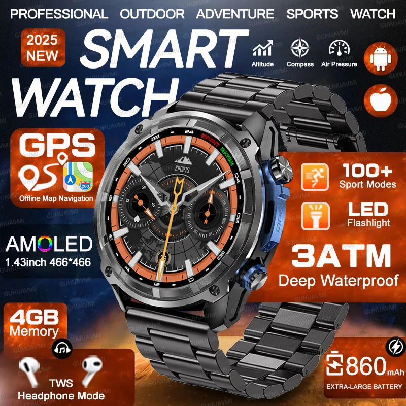

2025 Outdoors Military Offline Map 860mAh Big Battery Smart Watch 4GB Big Memory GPS Navigation MP3/MP4 Player Swim Sports Watch