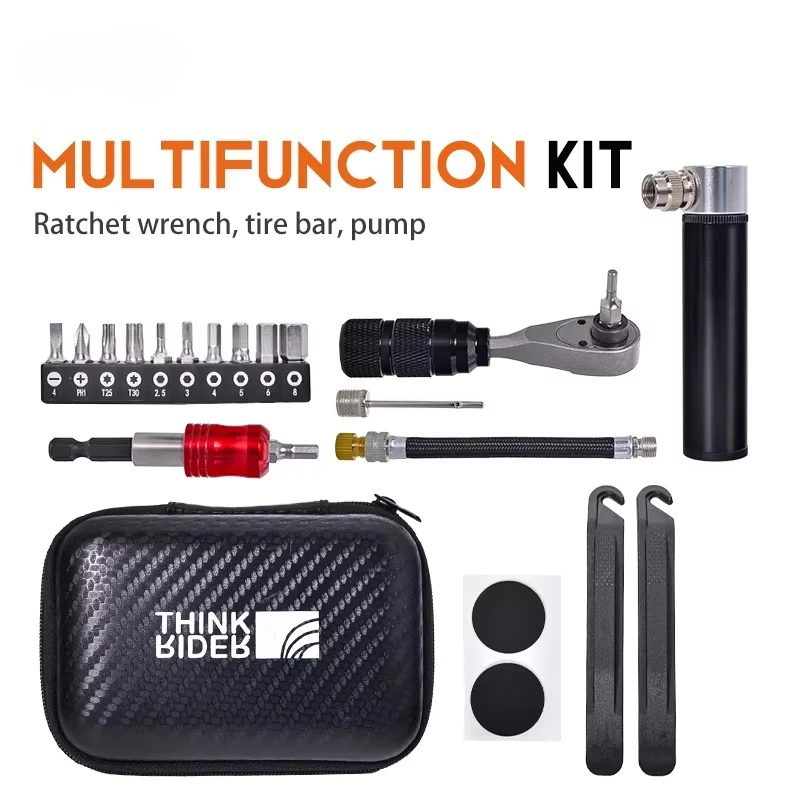 ThinkRider Multifunctional Bicycle Repair Tool Kit Includes Ratchet Socket Wrench Tire Lever Air Pump