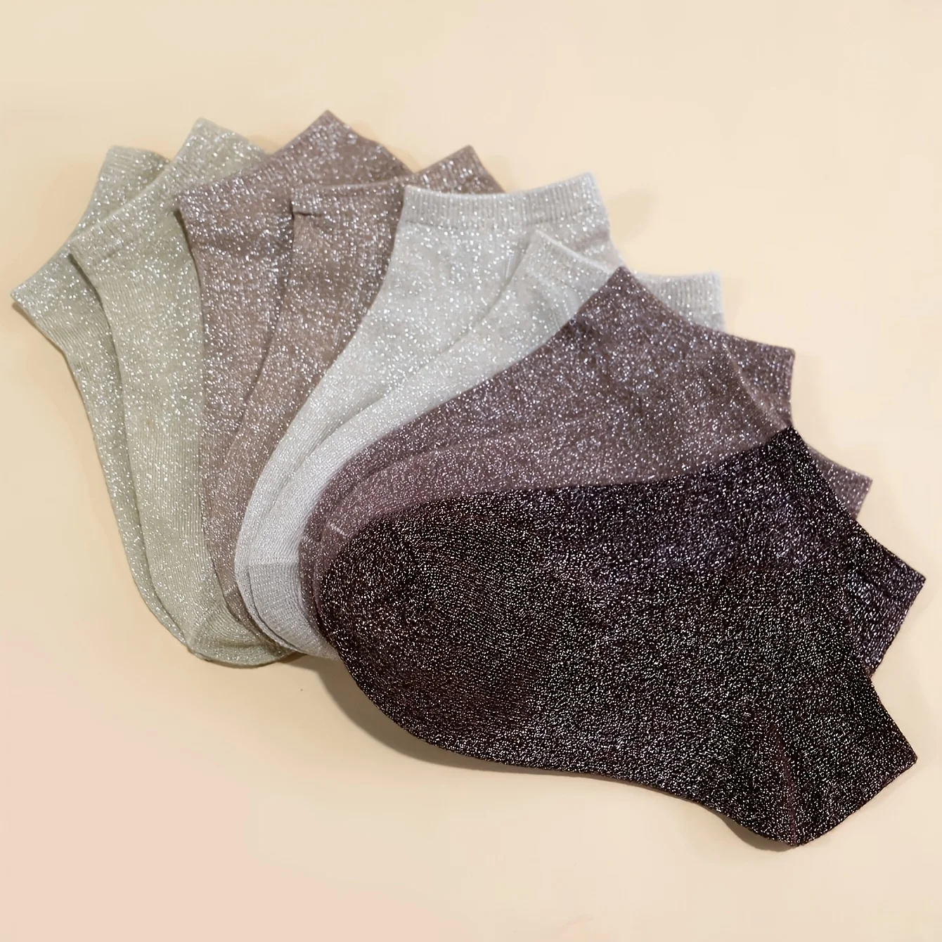 5 Pairs Of Shiny Silver Mixed Solid Color And Candy Colored Gold And Silver Thread Women's Short Socks For Spring And Summer