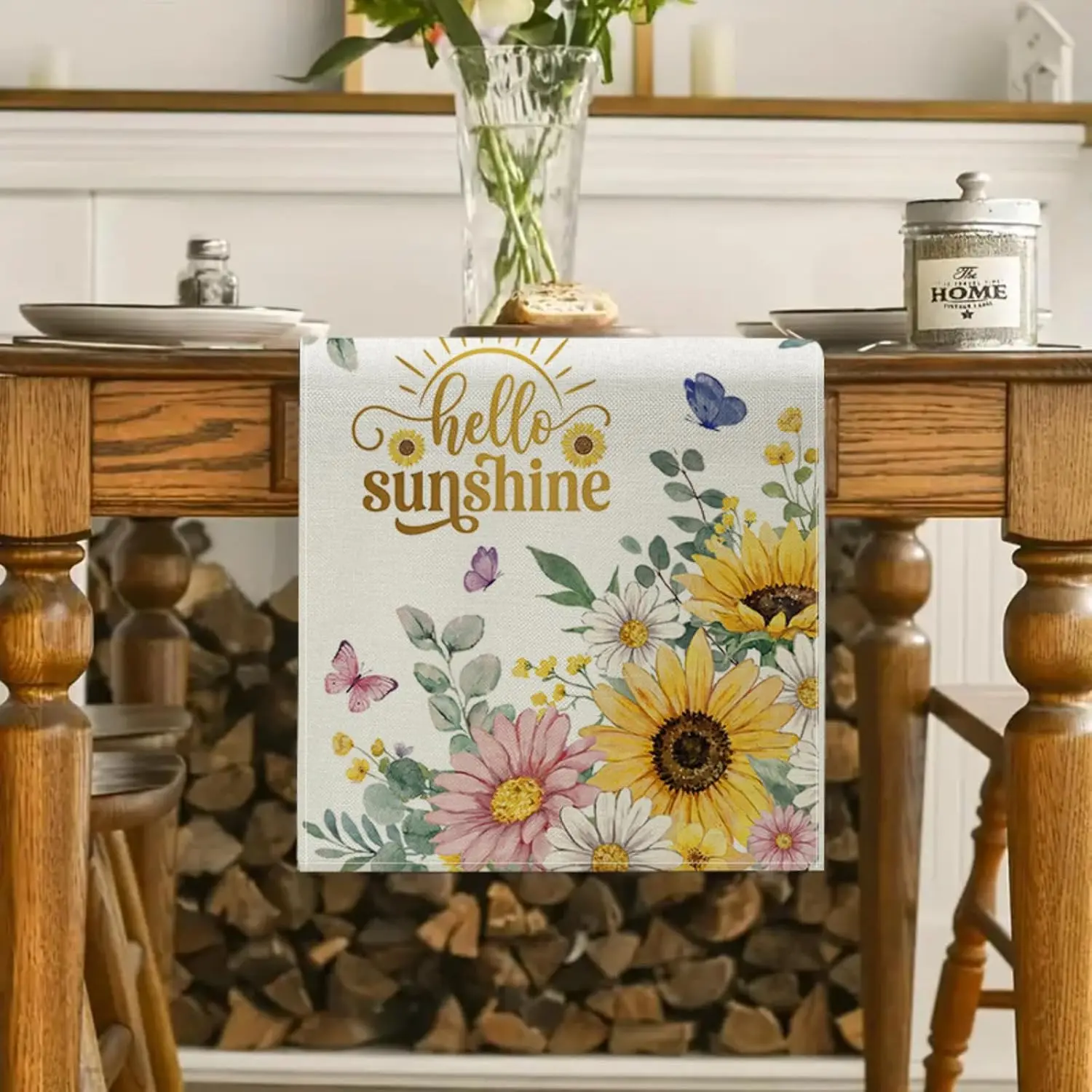 Sunflower Daisy Table Runner, Hello Sunshine Spring Summer Flowers Kitchen Dining Indoor Outdoor Party Decor