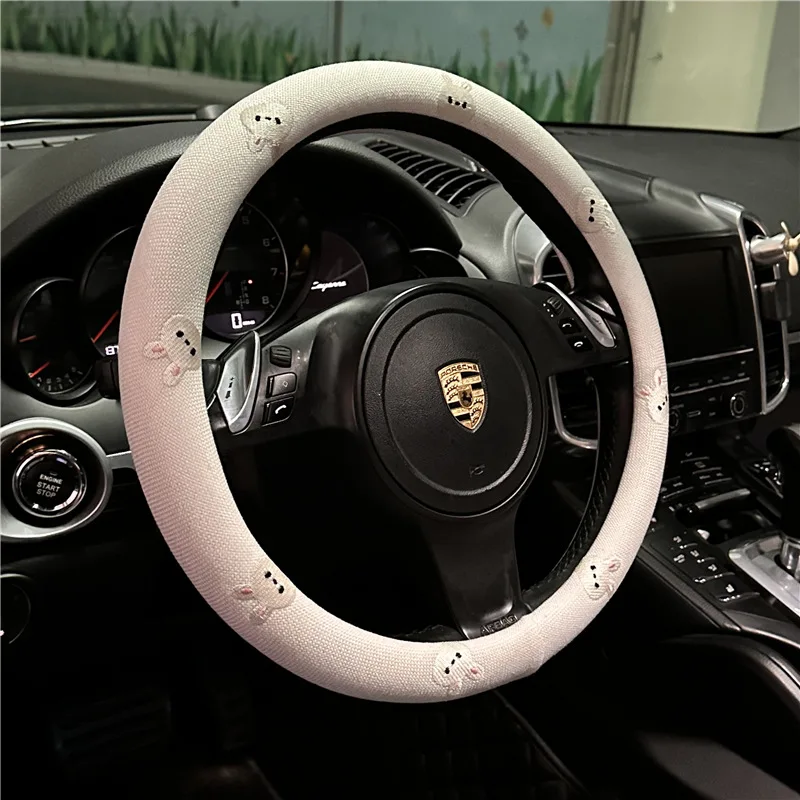 Cartoon car steering wheel cover cotton linen embroidered breathable car steering wheel cover cute non-slip steering wheel cover