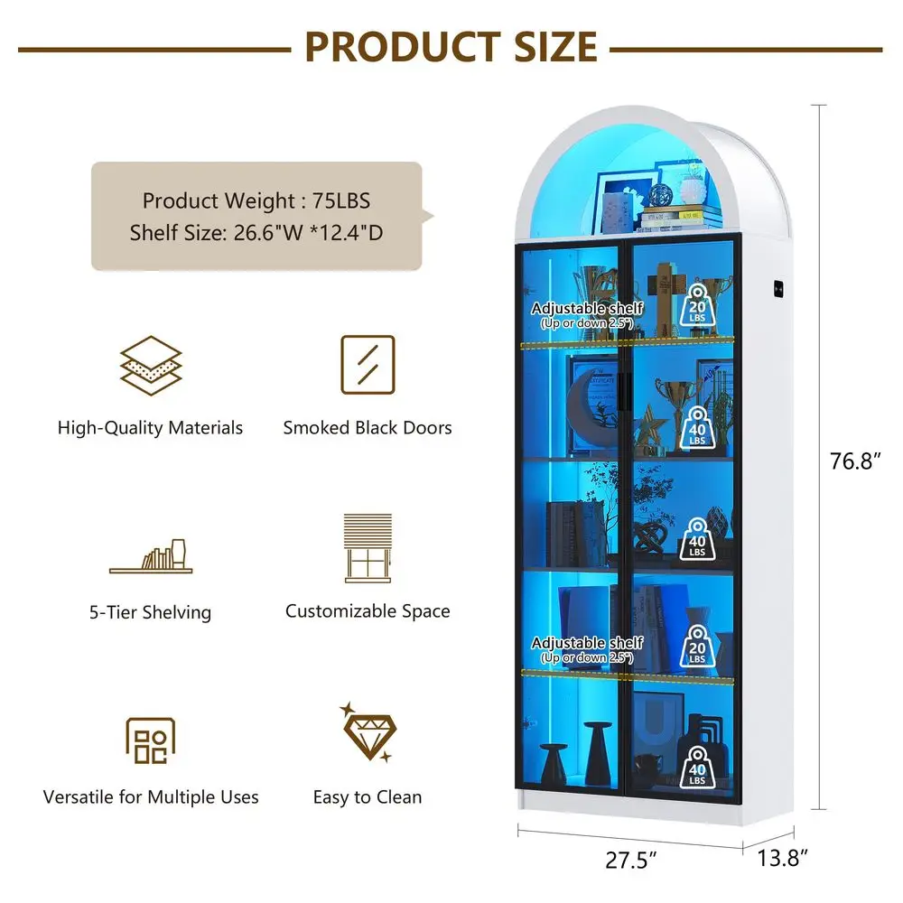 Display Cabinet with Doors and Adjustable Shelves, 76 Tall Display Case with LED Lights Arch Storage Space, 6 Tier Bookcase for view 3