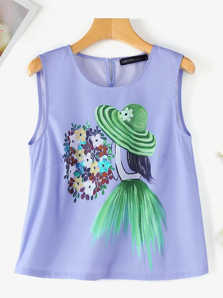 2024 Summer Floral Camis ZANZEA Women Sleeveless Tank Tops O Neck Tees Bohemain Casual Holiday Blouse Loose Beach Shirt Mujer