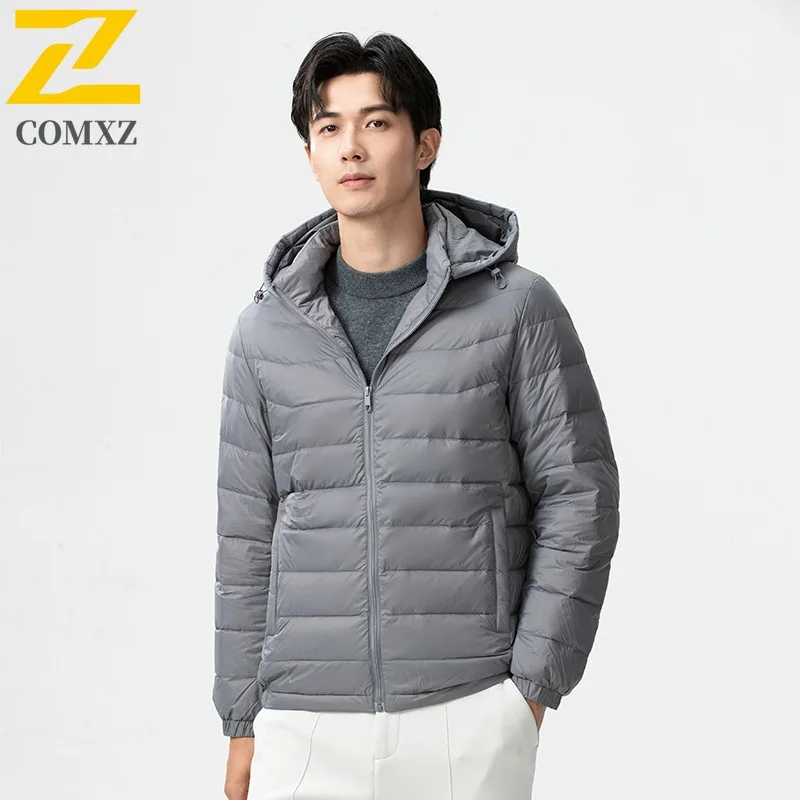 COMXZ Brand Luxury Men Down Coat Hooded Outdoor Working Super Light Parka Leisure Trekking Cozy Windproof Warmth Winter Jacket